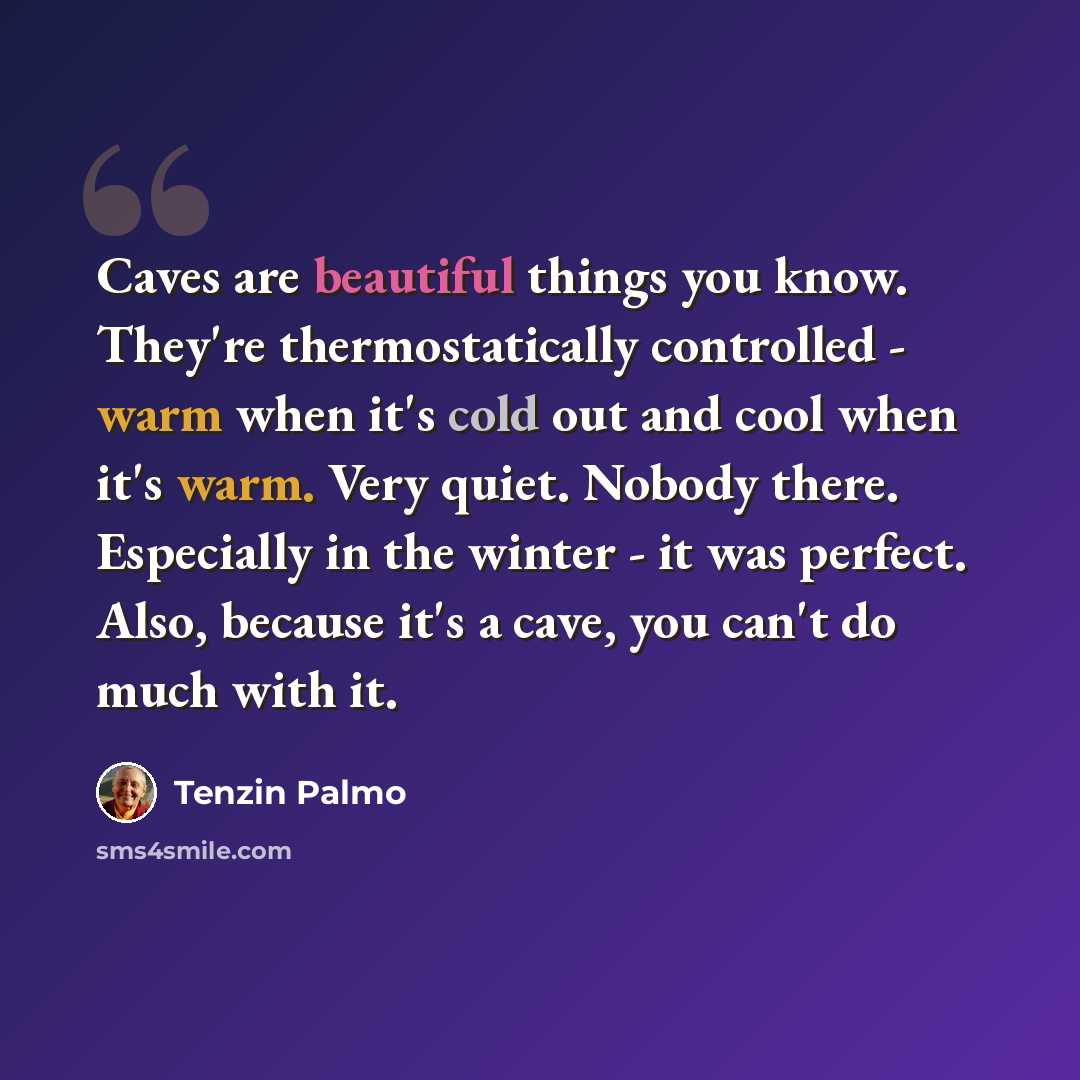 “Caves are beautiful things you know. They're thermostatically controlled - warm when it's cold out and cool when it's warm. Very quiet. Nobody there. Especially in the winter - it was perfect. Also, because it's a cave, you can't do much with it.” quote by Tenzin Palmo
