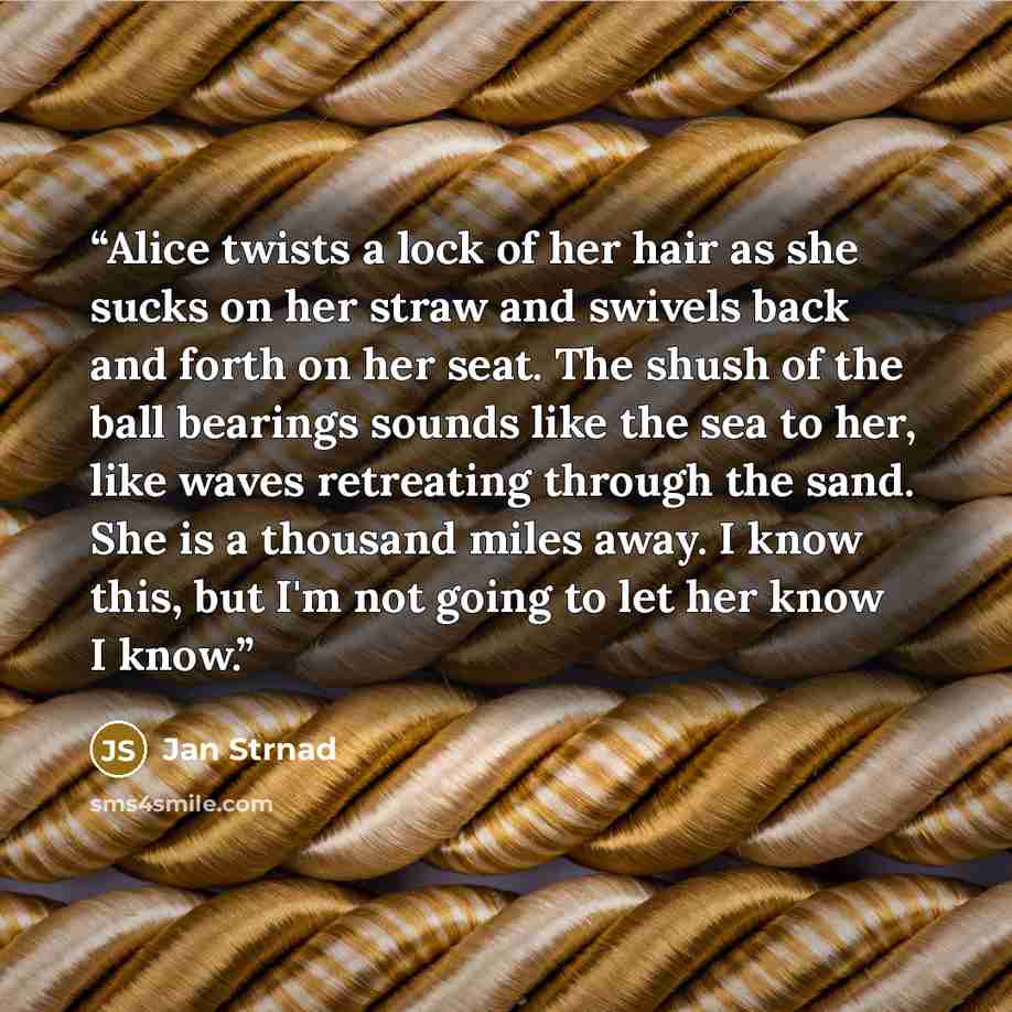 “Alice twists a lock of her hair as she sucks on her straw and swivels back and forth on her seat. The shush of the ball bearings sounds like the sea to her, like waves retreating through the sand. She is a thousand miles away. I know this, but I'm not going to let her know I know.” quote by Jan Strnad