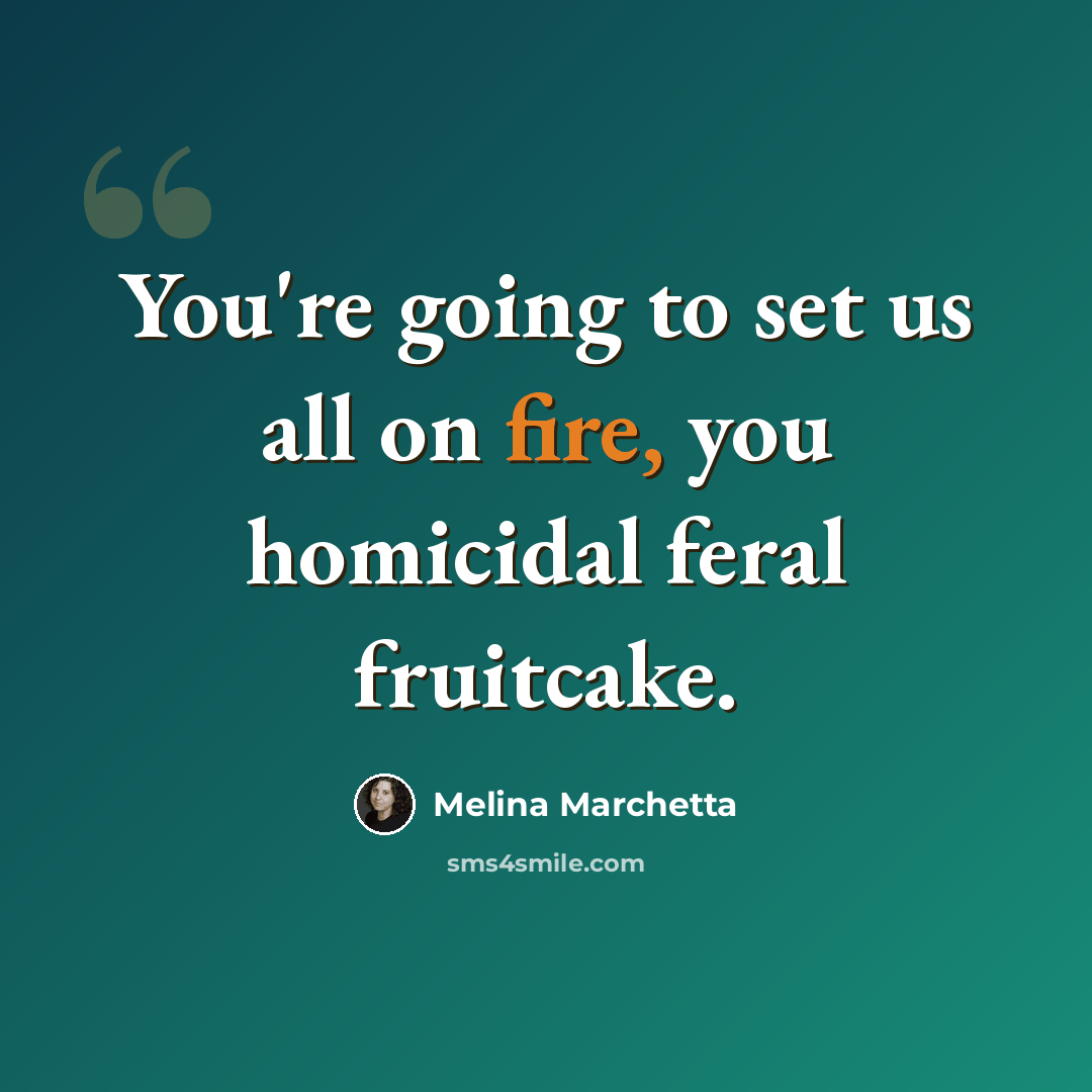 “You're going to set us all on fire, you homicidal feral fruitcake.” quote by Melina Marchetta