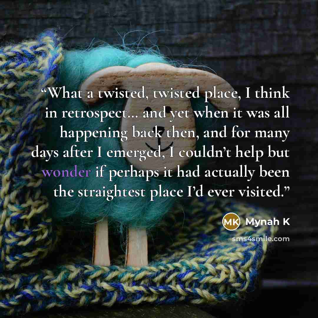 “What a twisted, twisted place, I think in retrospect… and yet when it was all happening back then, and for many days after I emerged, I couldn’t help but wonder if perhaps it had actually been the straightest place I’d ever visited.” quote by Mynah K