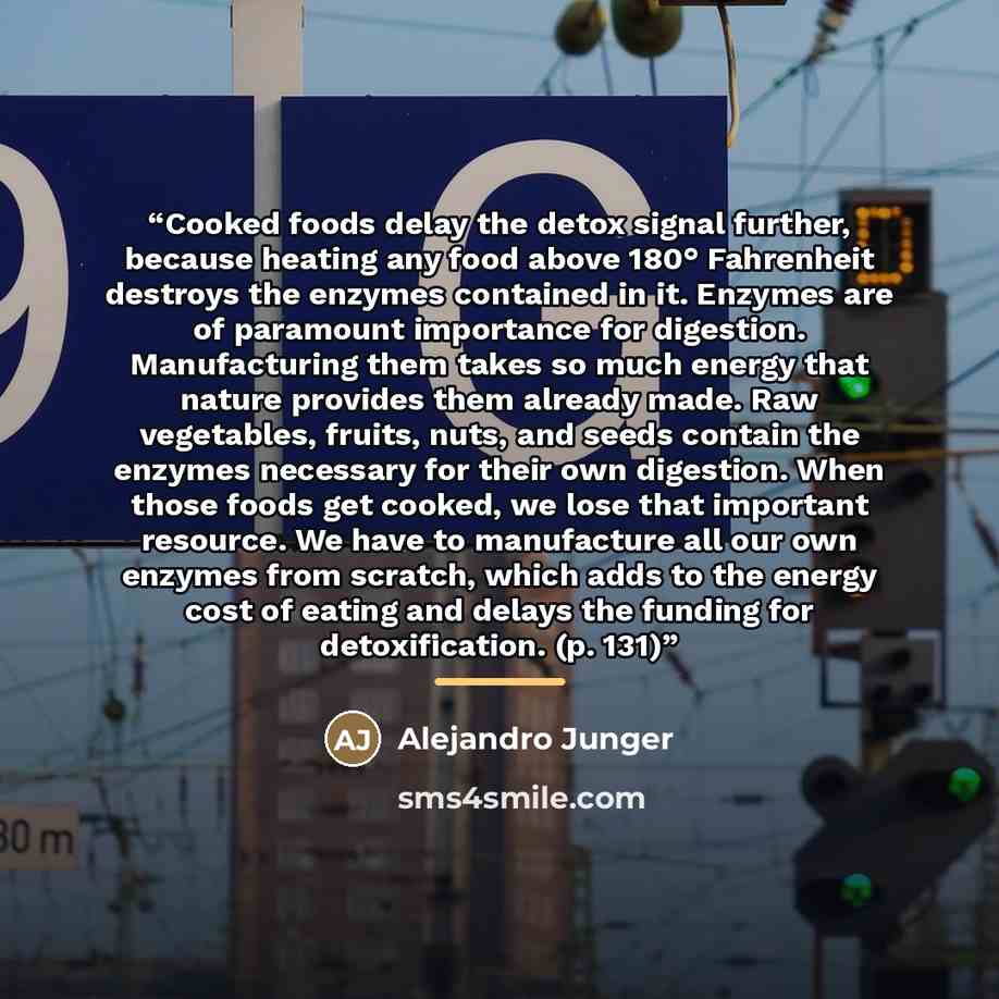 “Cooked foods delay the detox signal further, because heating any food above 180° Fahrenheit destroys the enzymes contained in it. Enzymes are of paramount importance for digestion. Manufacturing them takes so much energy that nature provides them already made. Raw vegetables, fruits, nuts, and…” quote by Alejandro Junger