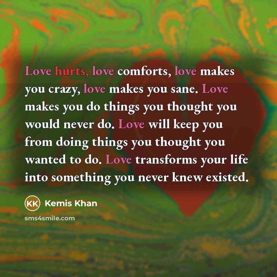 “Love hurts, love comforts, love makes you crazy, love makes you sane. Love makes you do things you thought you would never do. Love will keep you from doing things you thought you wanted to do. Love transforms your life into something you never knew existed.” quote by Kemis Khan