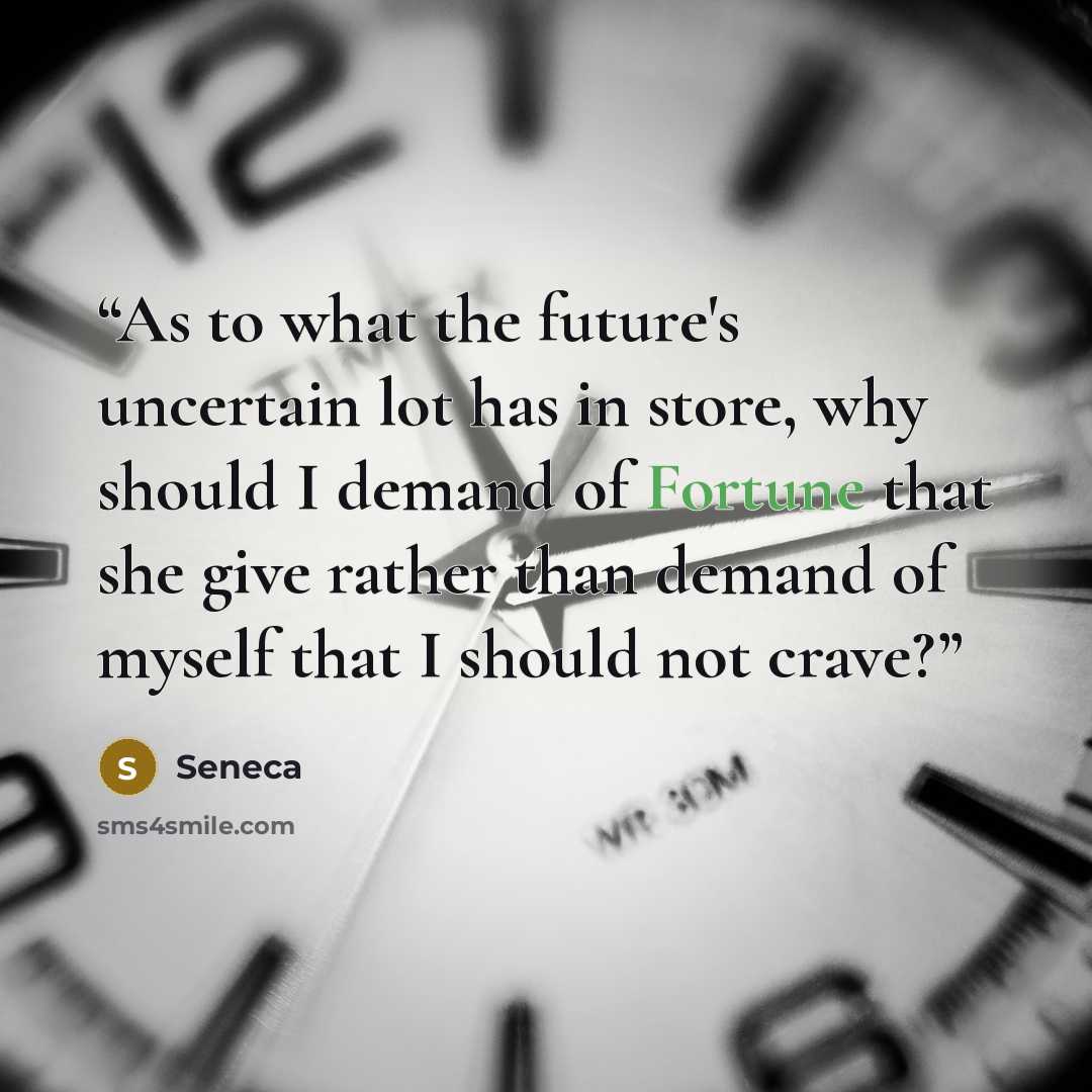 “As to what the future's uncertain lot has in store, why should I demand of Fortune that she give rather than demand of myself that I should not crave?” quote by Seneca