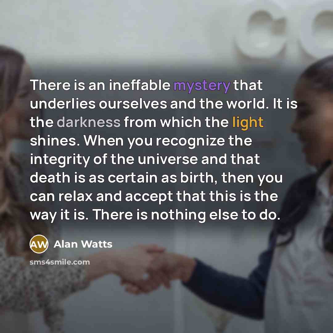 “There is an ineffable mystery that underlies ourselves and the world. It is the darkness from which the light shines. When you recognize the integrity of the universe and that death is as certain as birth, then you can relax and accept that this is the way it is. There is nothing else to do.” quote by Alan Watts