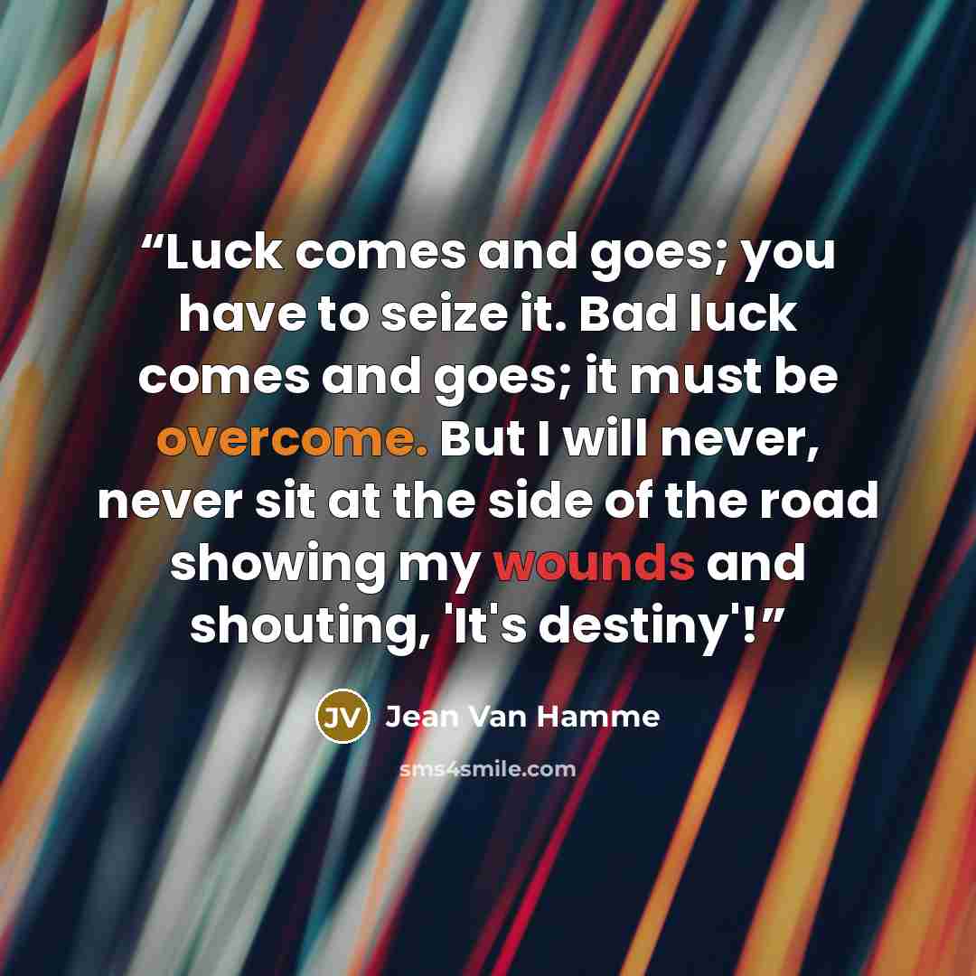 “Luck comes and goes; you have to seize it. Bad luck comes and goes; it must be overcome. But I will never, never sit at the side of the road showing my wounds and shouting, 'It's destiny'!” quote by Jean Van Hamme