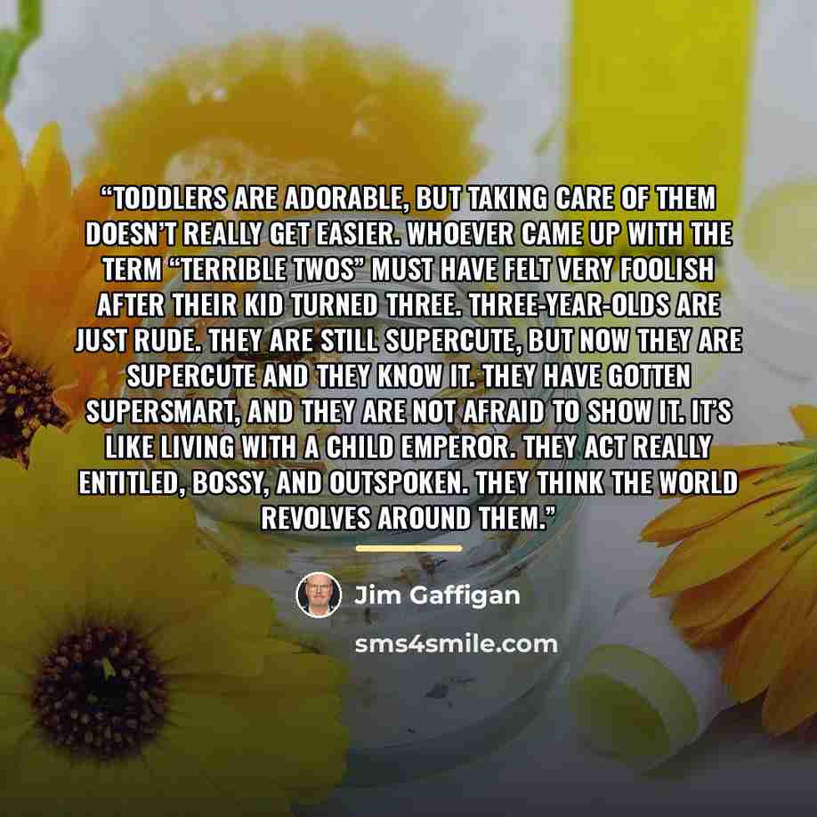 “Toddlers are adorable, but taking care of them doesn’t really get easier. Whoever came up with the term “terrible twos” must have felt very foolish after their kid turned three. Three-year-olds are just rude. They are still supercute, but now they are supercute and they know it. They have gotten…” quote by Jim Gaffigan
