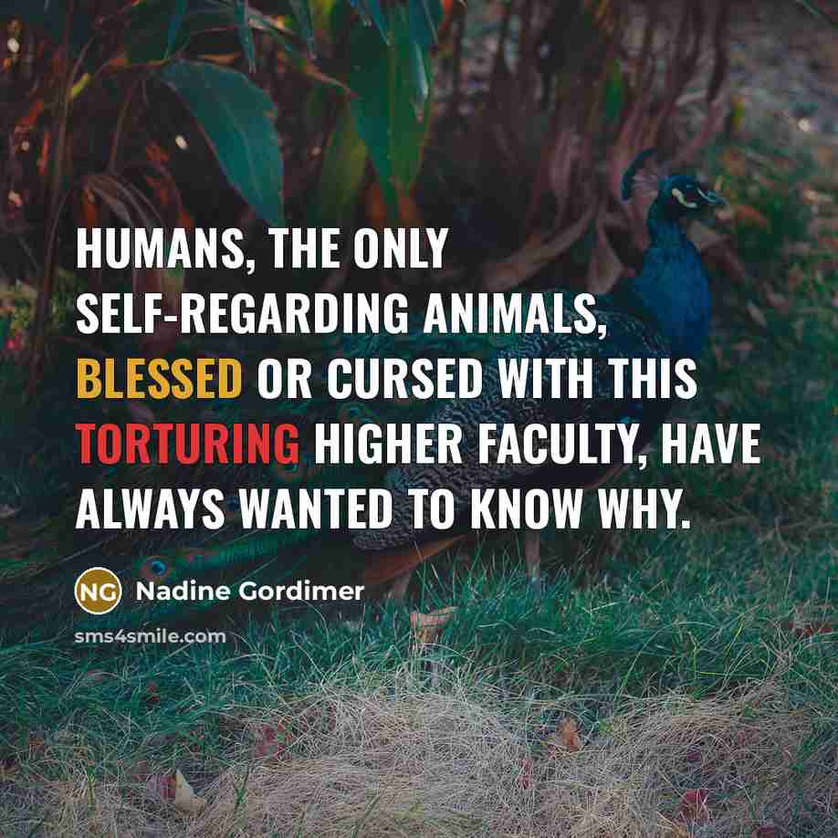 “Humans, the only self-regarding animals, blessed or cursed with this torturing higher faculty, have always wanted to know why.” quote by Nadine Gordimer
