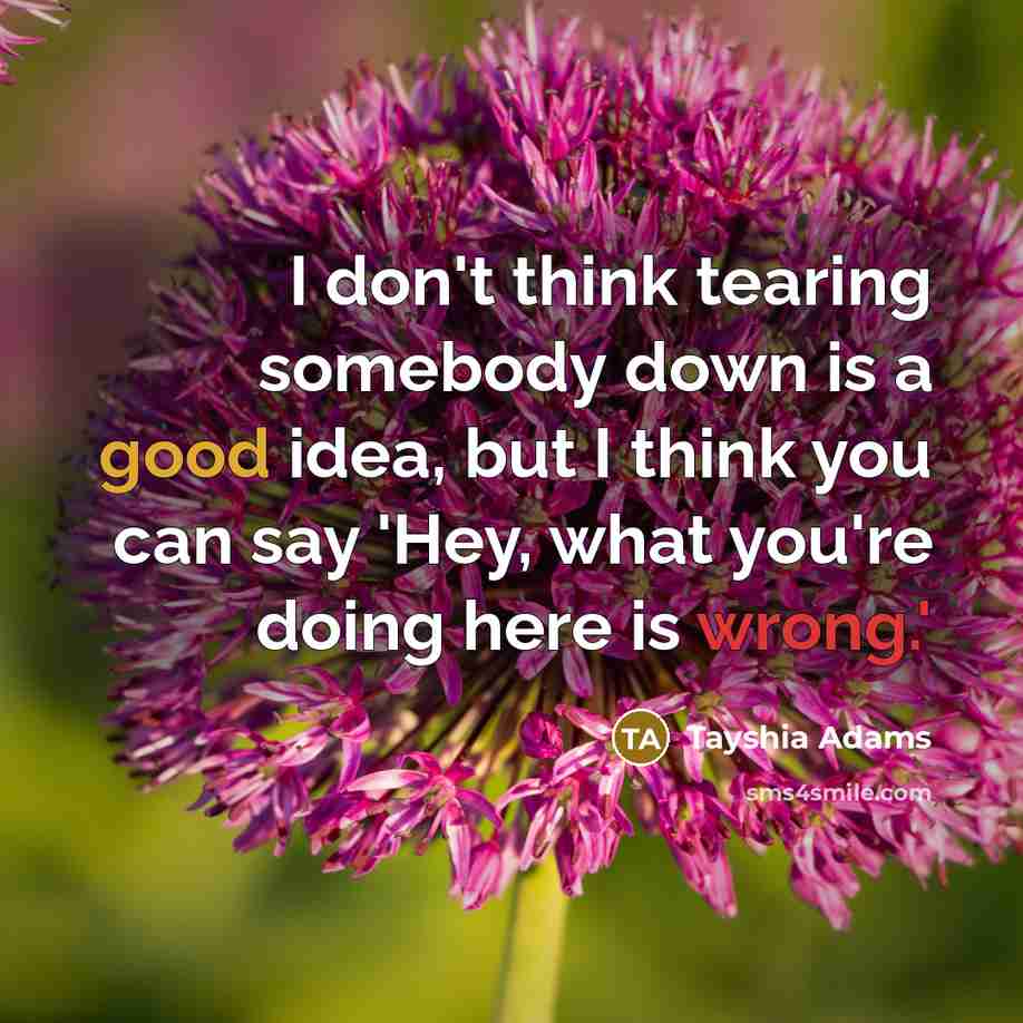 “I don't think tearing somebody down is a good idea, but I think you can say 'Hey, what you're doing here is wrong.'” quote by Tayshia Adams