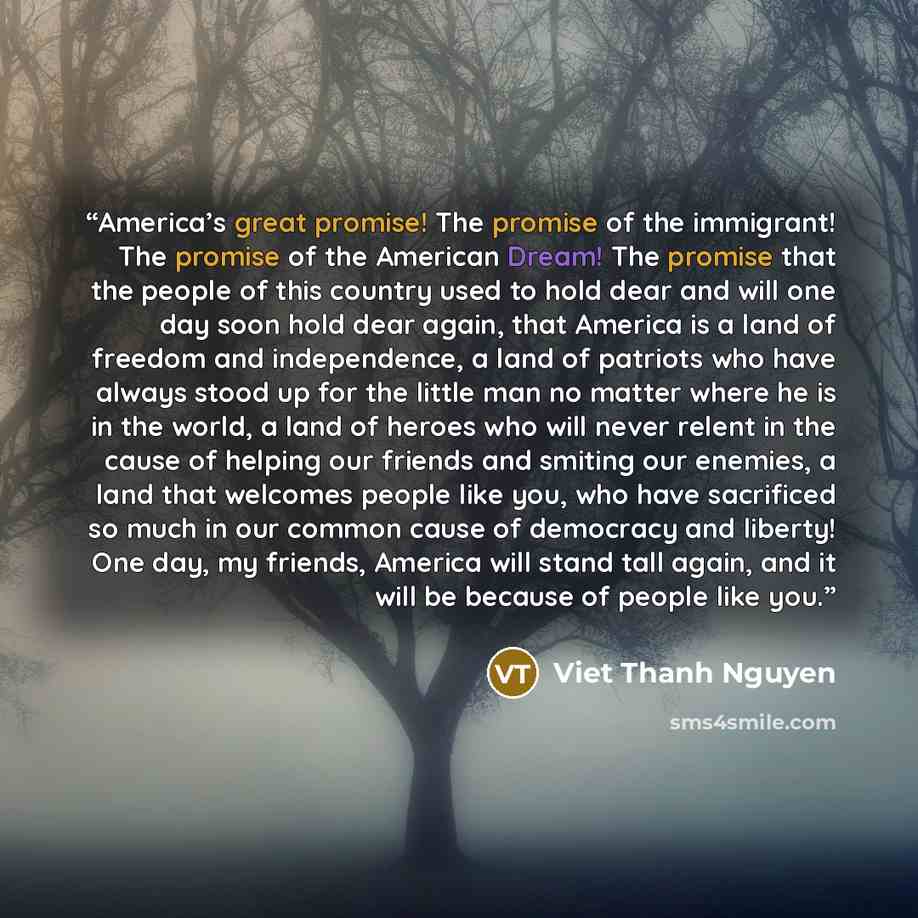 “America’s great promise! The promise of the immigrant! The promise of the American Dream! The promise that the people of this country used to hold dear and will one day soon hold dear again, that America is a land of freedom and independence, a land of patriots who have always stood up for the…” quote by Viet Thanh Nguyen