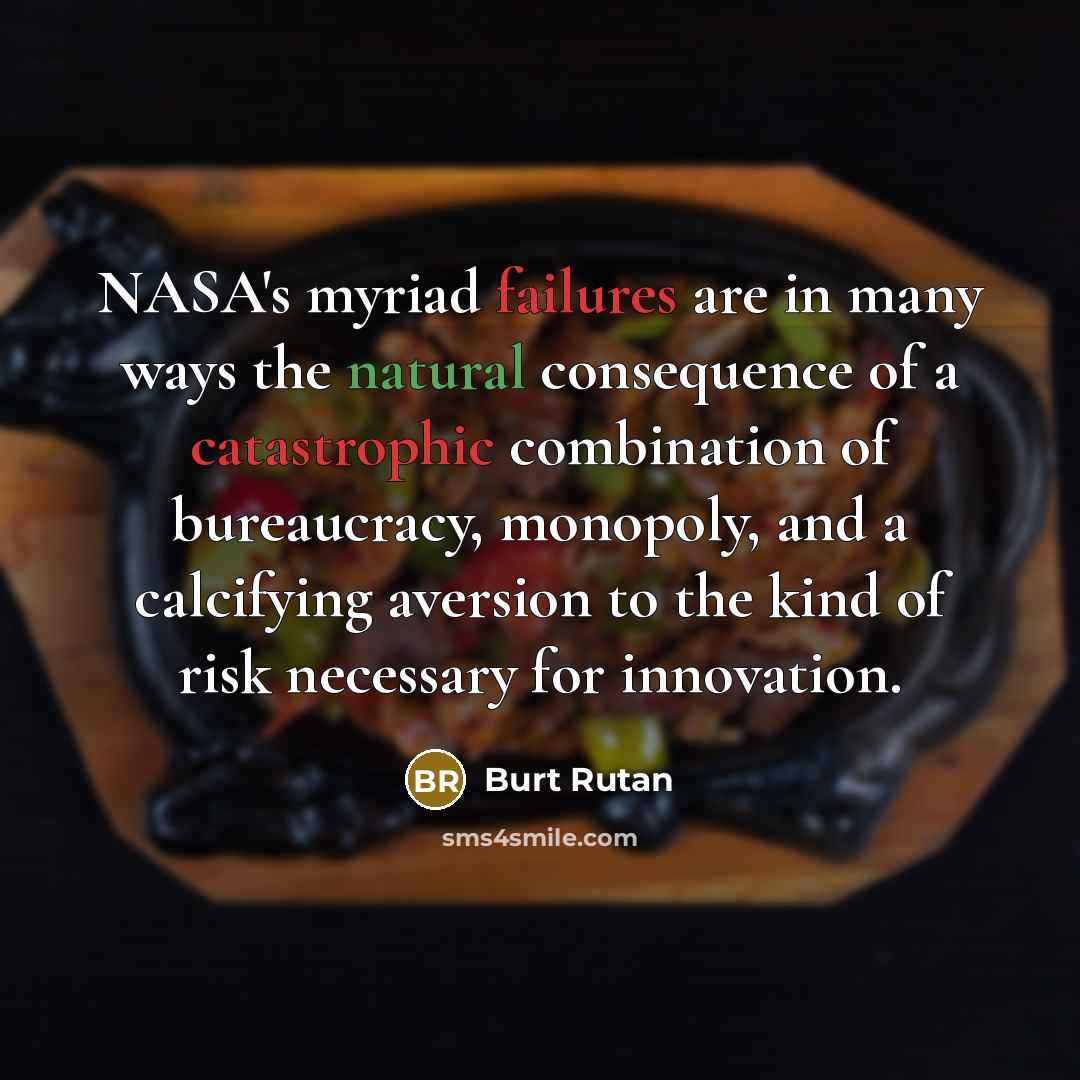 “NASA's myriad failures are in many ways the natural consequence of a catastrophic combination of bureaucracy, monopoly, and a calcifying aversion to the kind of risk necessary for innovation.” quote by Burt Rutan