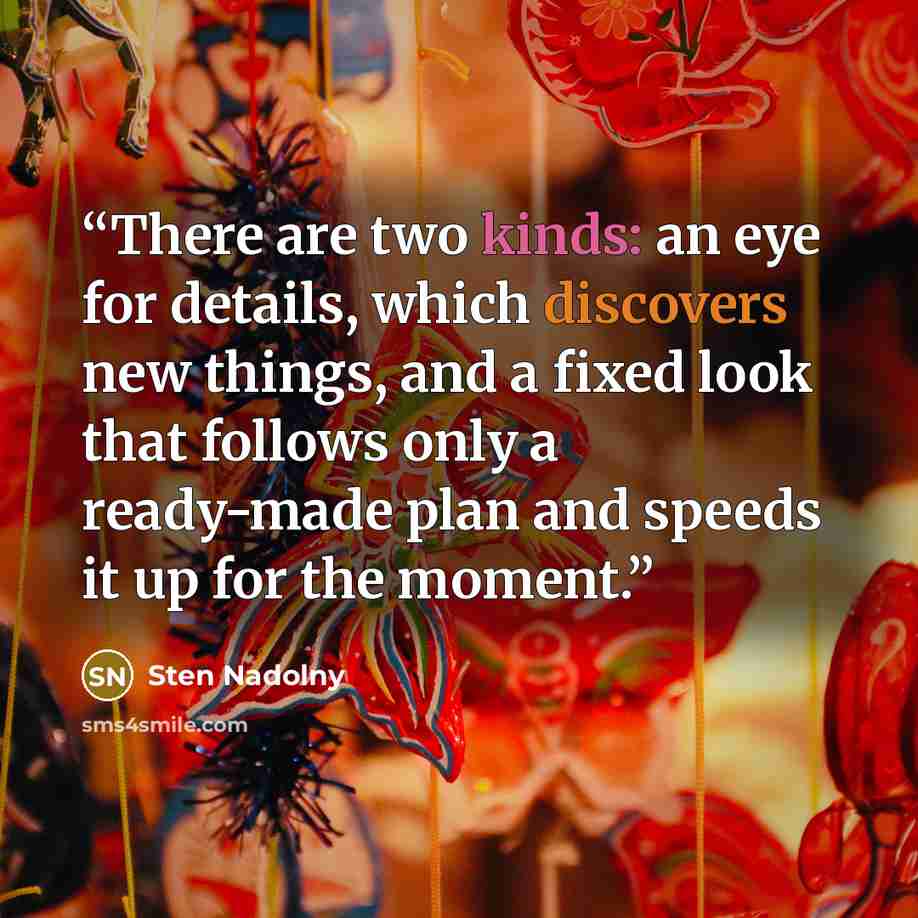“There are two kinds: an eye for details, which discovers new things, and a fixed look that follows only a ready-made plan and speeds it up for the moment.” quote by Sten Nadolny
