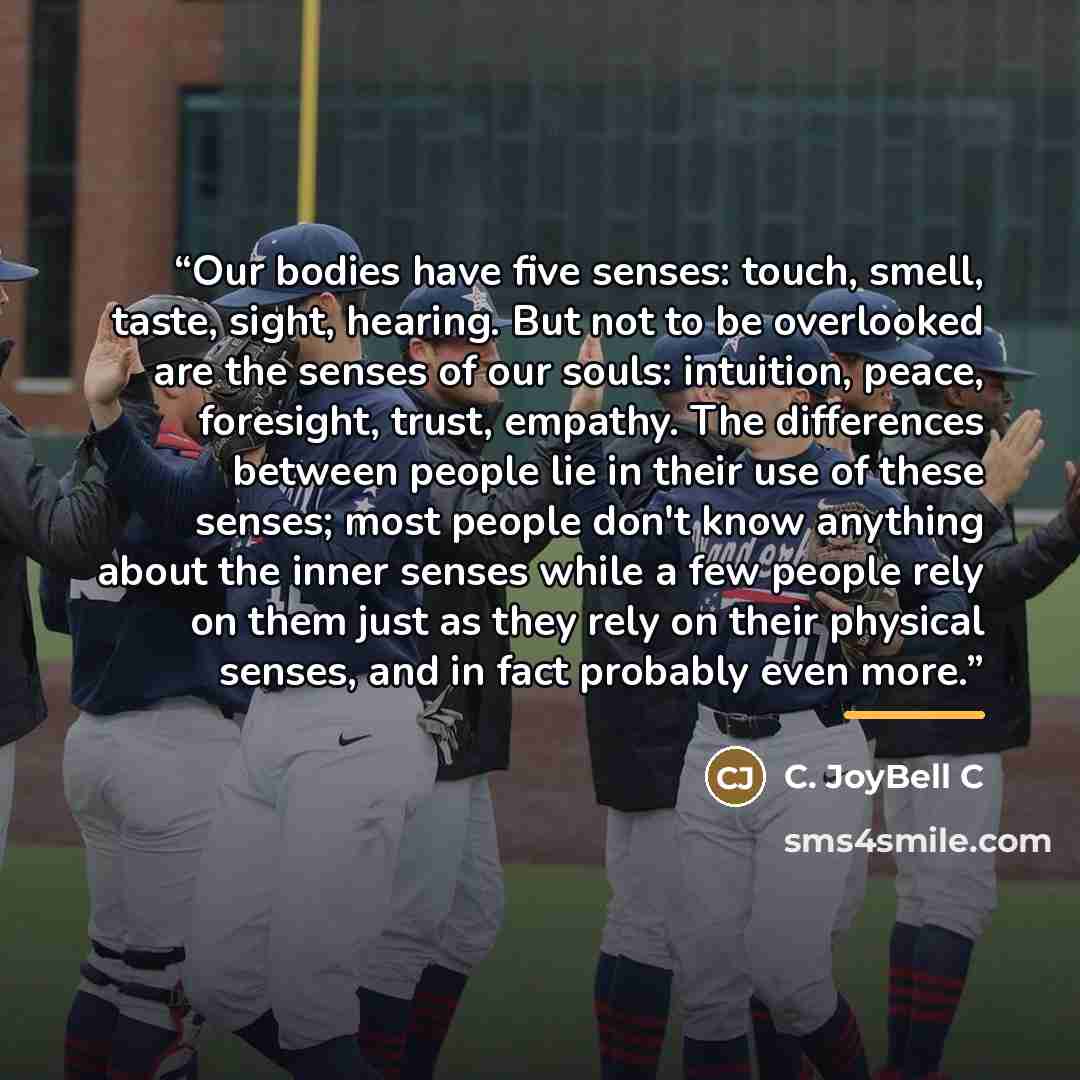 “Our bodies have five senses: touch, smell, taste, sight, hearing. But not to be overlooked are the senses of our souls: intuition, peace, foresight, trust, empathy. The differences between people lie in their use of these senses; most people don't know anything about the inner senses while a few…” quote by C. JoyBell C