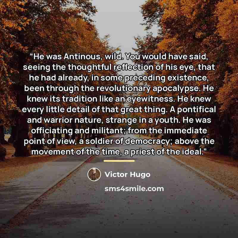 “He was Antinous, wild. You would have said, seeing the thoughtful reflection of his eye, that he had already, in some preceding existence, been through the revolutionary apocalypse. He knew its tradition like an eyewitness. He knew every little detail of that great thing. A pontifical and warrior…” quote by Victor Hugo