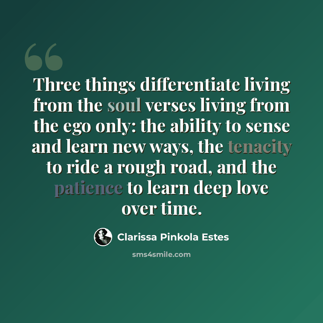 “Three things differentiate living from the soul verses living from the ego only: the ability to sense and learn new ways, the tenacity to ride a rough road, and the patience to learn deep love over time.” quote by Clarissa Pinkola Estes