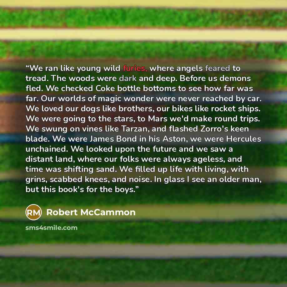 “We ran like young wild furies, where angels feared to tread. The woods were dark and deep. Before us demons fled. We checked Coke bottle bottoms to see how far was far. Our worlds of magic wonder were never reached by car. We loved our dogs like brothers, our bikes like rocket ships. We were going…” quote by Robert McCammon