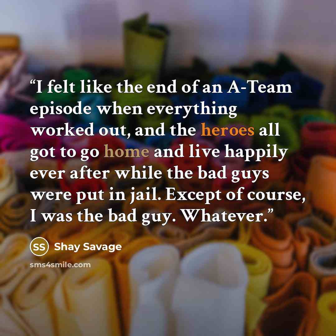 “I felt like the end of an A-Team episode when everything worked out, and the heroes all got to go home and live happily ever after while the bad guys were put in jail. Except of course, I was the bad guy. Whatever.” quote by Shay Savage