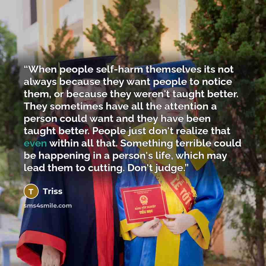 “When people self-harm themselves its not always because they want people to notice them, or because they weren't taught better. They sometimes have all the attention a person could want and they have been taught better. People just don't realize that even within all that. Something terrible could…” quote by Triss