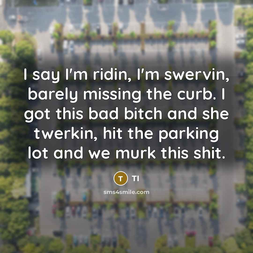 “I say I'm ridin, I'm swervin, barely missing the curb. I got this bad bitch and she twerkin, hit the parking lot and we murk this shit.” quote by TI