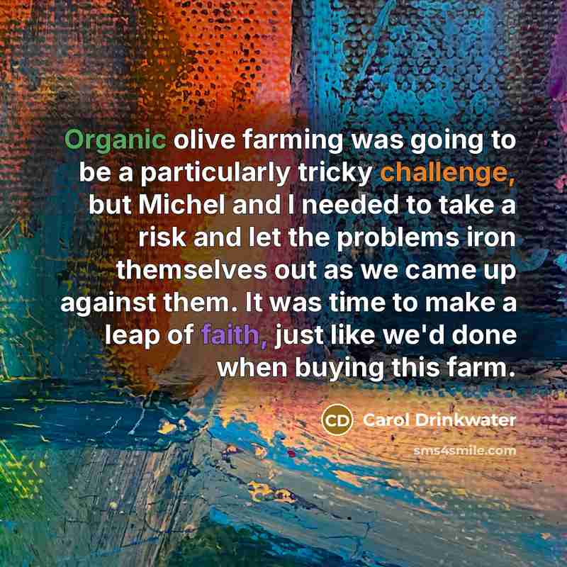“Organic olive farming was going to be a particularly tricky challenge, but Michel and I needed to take a risk and let the problems iron themselves out as we came up against them. It was time to make a leap of faith, just like we'd done when buying this farm.” quote by Carol Drinkwater