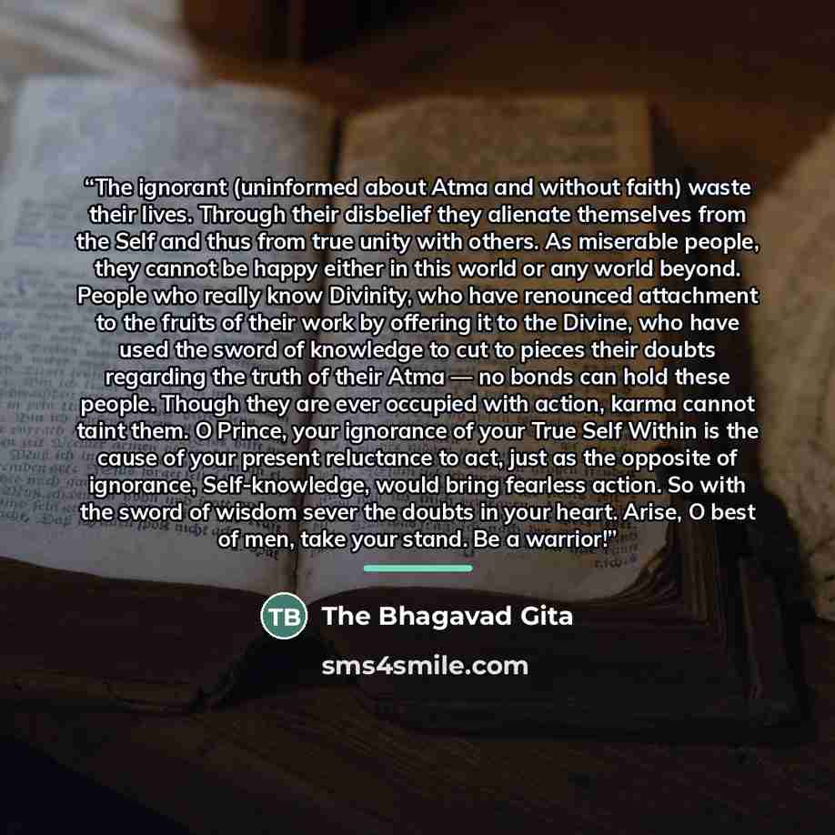 “The ignorant (uninformed about Atma and without faith) waste their lives. Through their disbelief they alienate themselves from the Self and thus from true unity with others. As miserable people, they cannot be happy either in this world or any world beyond. People who really know Divinity, who…” quote by The Bhagavad Gita