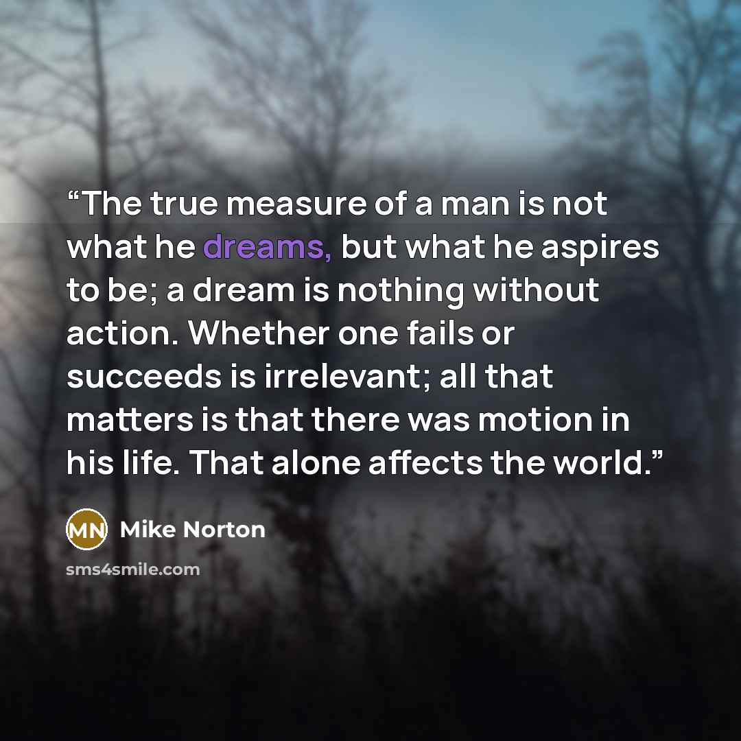 “The true measure of a man is not what he dreams, but what he aspires to be; a dream is nothing without action. Whether one fails or succeeds is irrelevant; all that matters is that there was motion in his life. That alone affects the world.” quote by Mike Norton