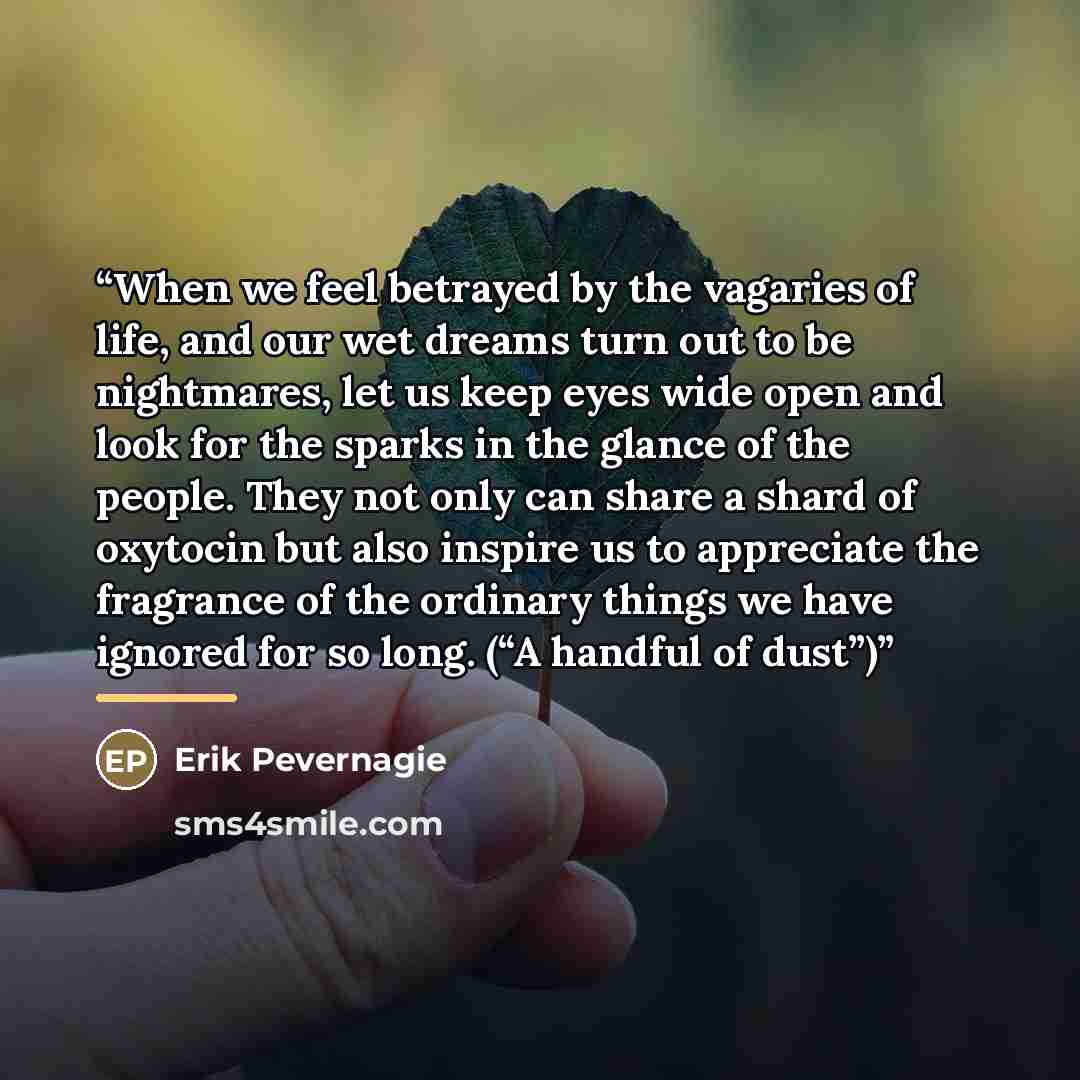 “When we feel betrayed by the vagaries of life, and our wet dreams turn out to be nightmares, let us keep eyes wide open and look for the sparks in the glance of the people. They not only can share a shard of oxytocin but also inspire us to appreciate the fragrance of the ordinary things we have…” quote by Erik Pevernagie