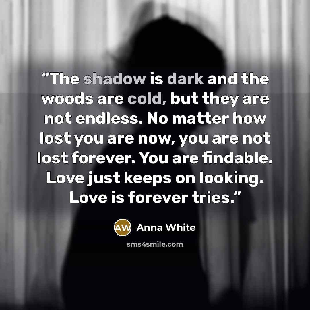 “The shadow is dark and the woods are cold, but they are not endless. No matter how lost you are now, you are not lost forever. You are findable. Love just keeps on looking. Love is forever tries.” quote by Anna White