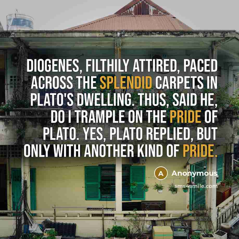 “Diogenes, filthily attired, paced across the splendid carpets in Plato's dwelling. Thus, said he, do I trample on the pride of Plato. Yes, Plato replied, but only with another kind of pride.” quote by Anonymous