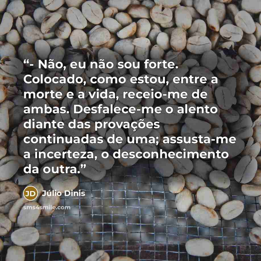 “- Não, eu não sou forte. Colocado, como estou, entre a morte e a vida, receio-me de ambas. Desfalece-me o alento diante das provações continuadas de uma; assusta-me a incerteza, o desconhecimento da outra.” quote by Júlio Dinis