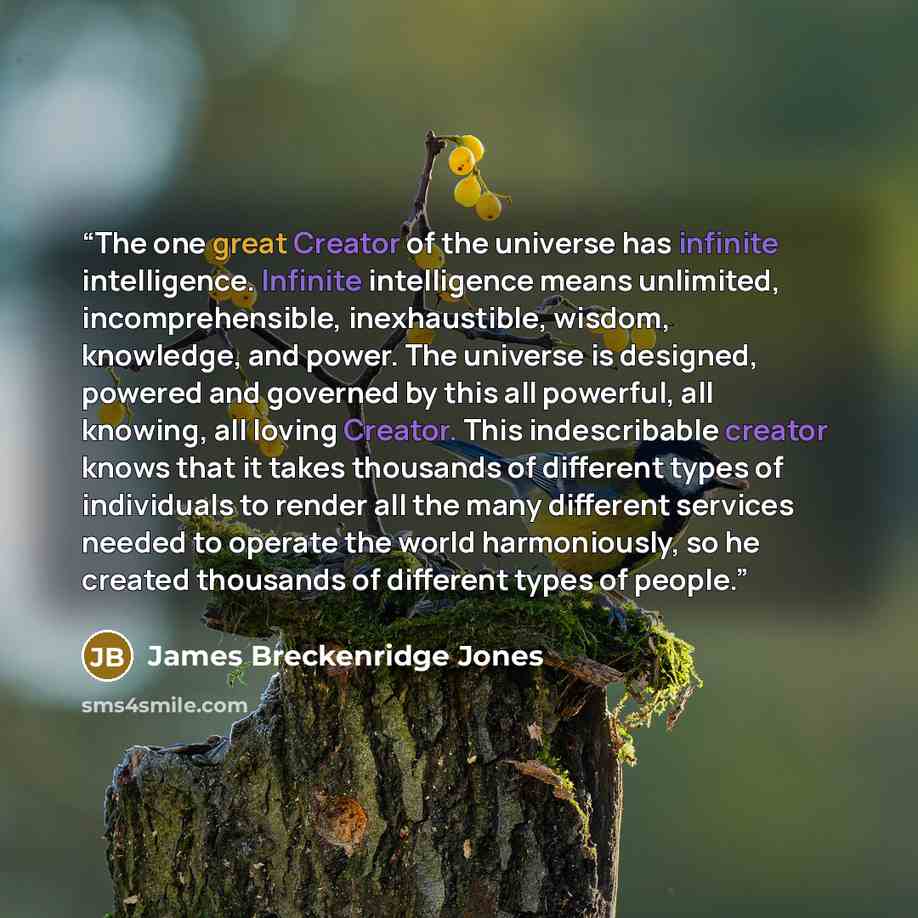 “The one great Creator of the universe has infinite intelligence. Infinite intelligence means unlimited, incomprehensible, inexhaustible, wisdom, knowledge, and power. The universe is designed, powered and governed by this all powerful, all knowing, all loving Creator. This indescribable creator…” quote by James Breckenridge Jones