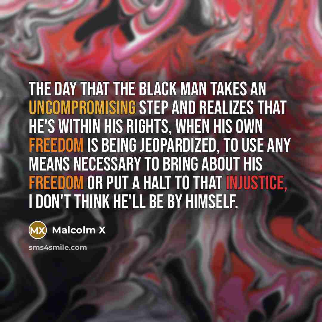 “The day that the black man takes an uncompromising step and realizes that he's within his rights, when his own freedom is being jeopardized, to use any means necessary to bring about his freedom or put a halt to that injustice, I don't think he'll be by himself.” quote by Malcolm X