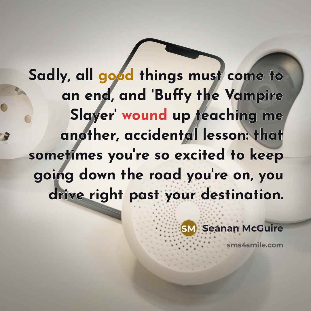 “Sadly, all good things must come to an end, and 'Buffy the Vampire Slayer' wound up teaching me another, accidental lesson: that sometimes you're so excited to keep going down the road you're on, you drive right past your destination.” quote by Seanan McGuire