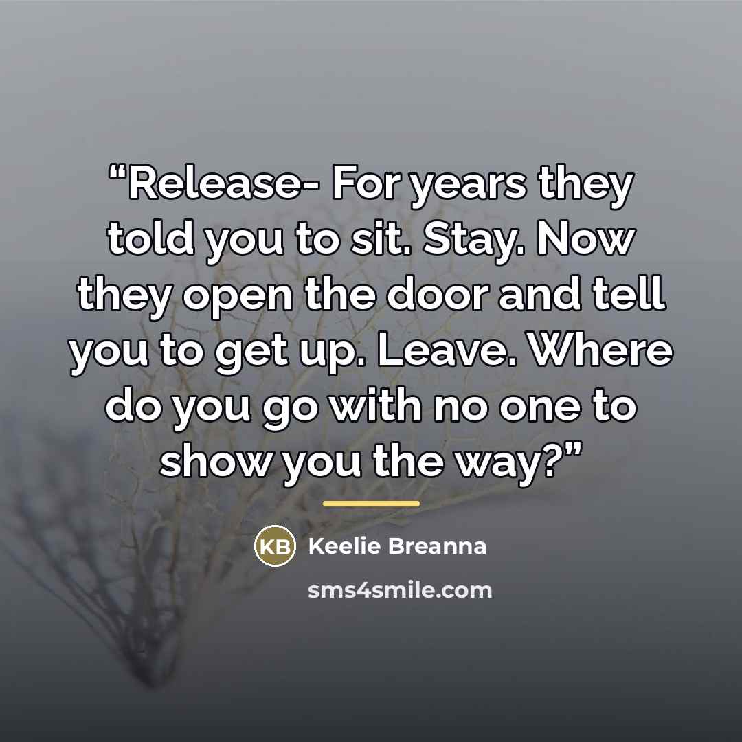 “Release- For years they told you to sit. Stay. Now they open the door and tell you to get up. Leave. Where do you go with no one to show you the way?” quote by Keelie Breanna