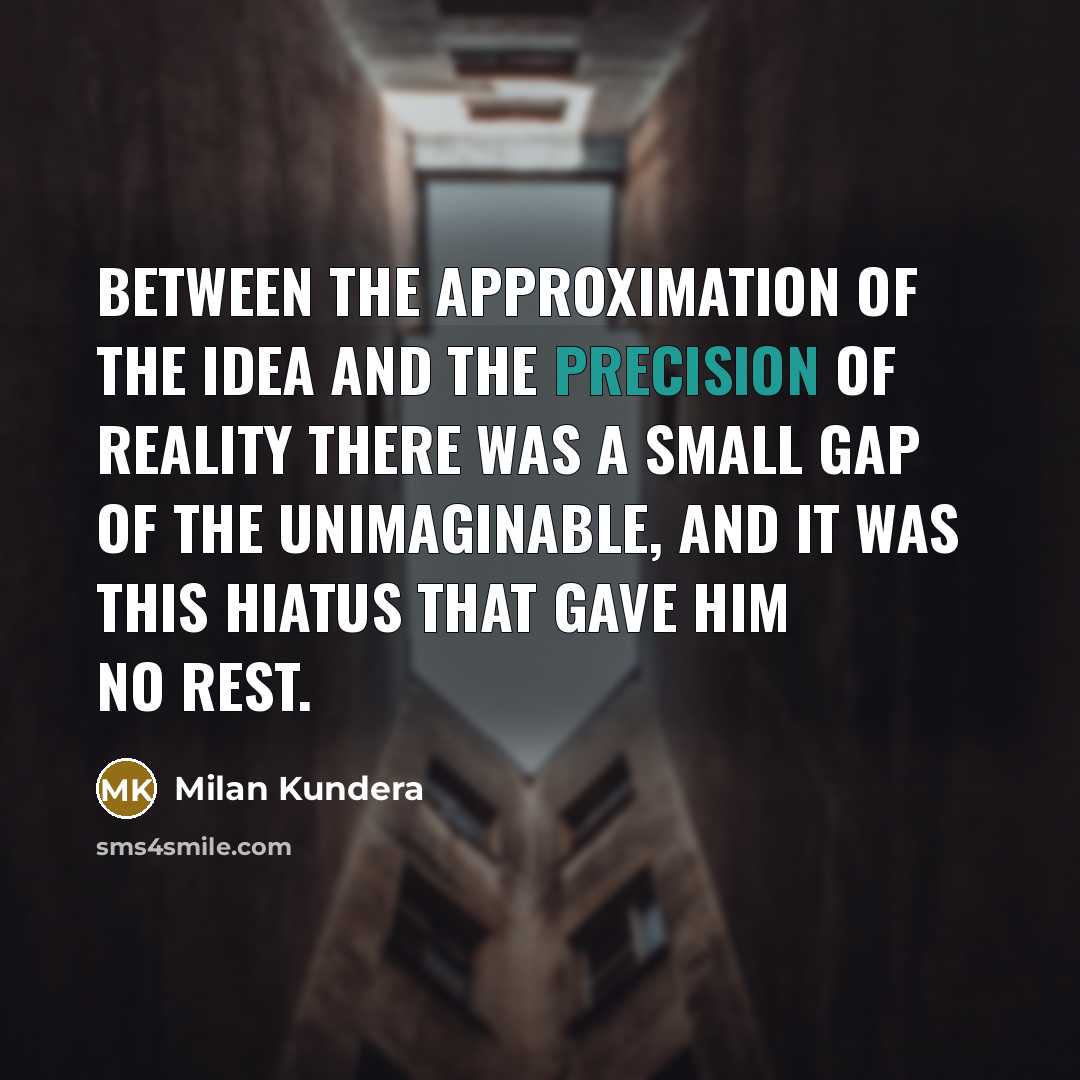 “Between the approximation of the idea and the precision of reality there was a small gap of the unimaginable, and it was this hiatus that gave him no rest.” quote by Milan Kundera