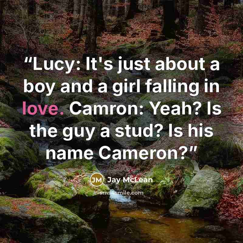 “Lucy: It's just about a boy and a girl falling in love. Camron: Yeah? Is the guy a stud? Is his name Cameron?” quote by Jay McLean