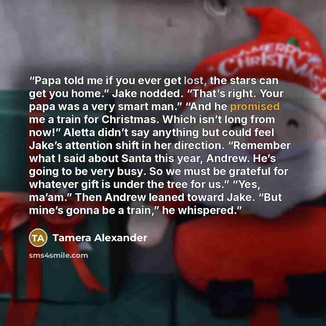 “Papa told me if you ever get lost, the stars can get you home.” Jake nodded. “That’s right. Your papa was a very smart man.” “And he promised me a train for Christmas. Which isn’t long from now!” Aletta didn’t say anything but could feel Jake’s attention shift in her direction. “Remember what I…” quote by Tamera Alexander