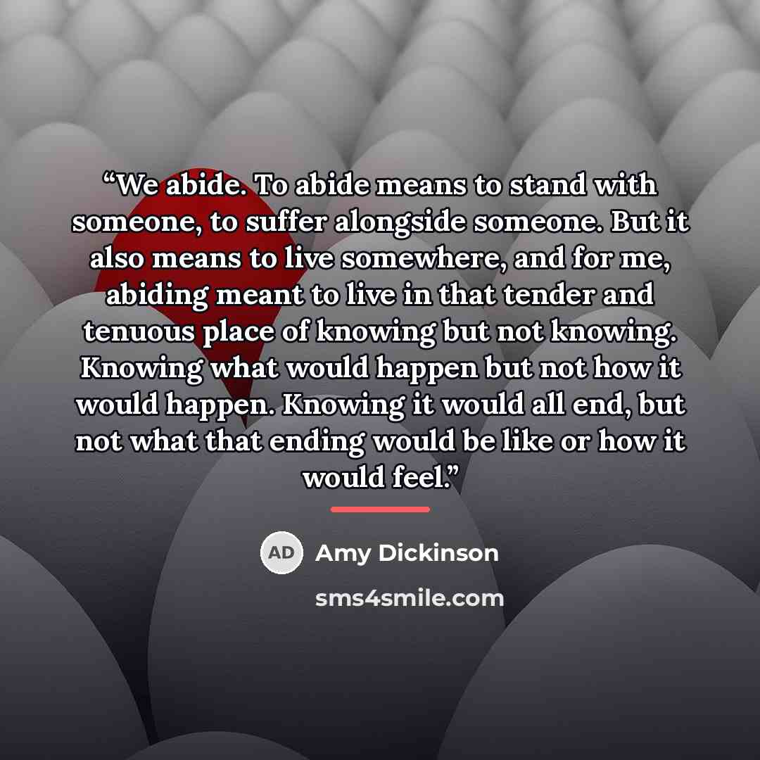 “We abide. To abide means to stand with someone, to suffer alongside someone. But it also means to live somewhere, and for me, abiding meant to live in that tender and tenuous place of knowing but not knowing. Knowing what would happen but not how it would happen. Knowing it would all end, but not…” quote by Amy Dickinson