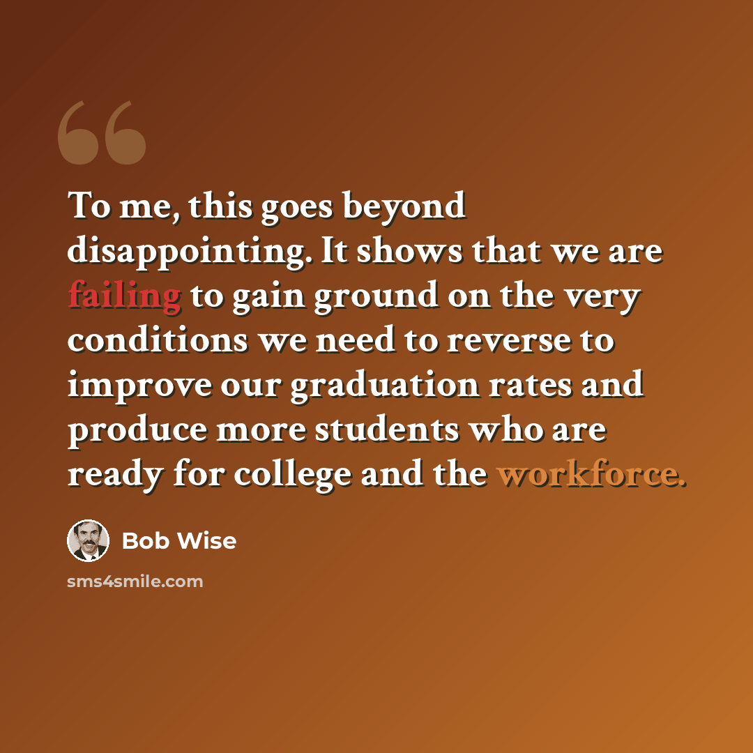 “To me, this goes beyond disappointing. It shows that we are failing to gain ground on the very conditions we need to reverse to improve our graduation rates and produce more students who are ready for college and the workforce.” quote by Bob Wise