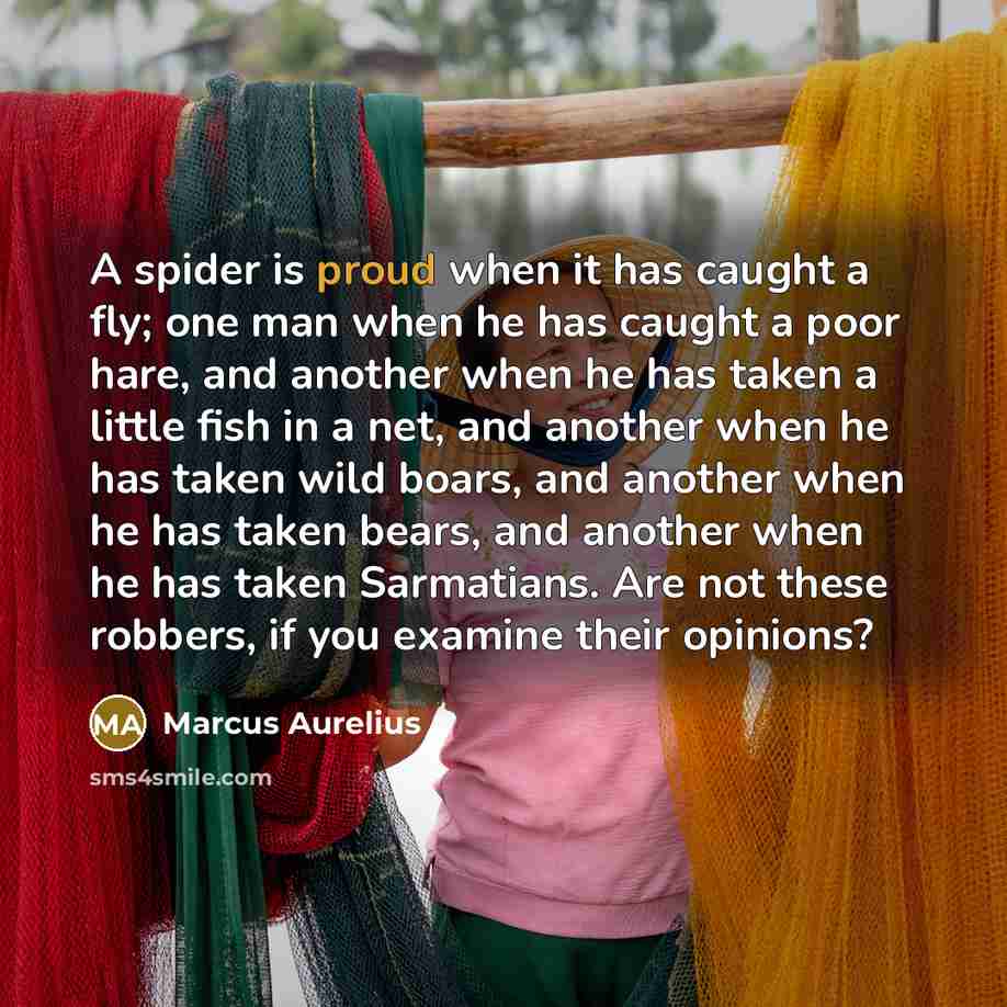 “A spider is proud when it has caught a fly; one man when he has caught a poor hare, and another when he has taken a little fish in a net, and another when he has taken wild boars, and another when he has taken bears, and another when he has taken Sarmatians. Are not these robbers, if you examine…” quote by Marcus Aurelius