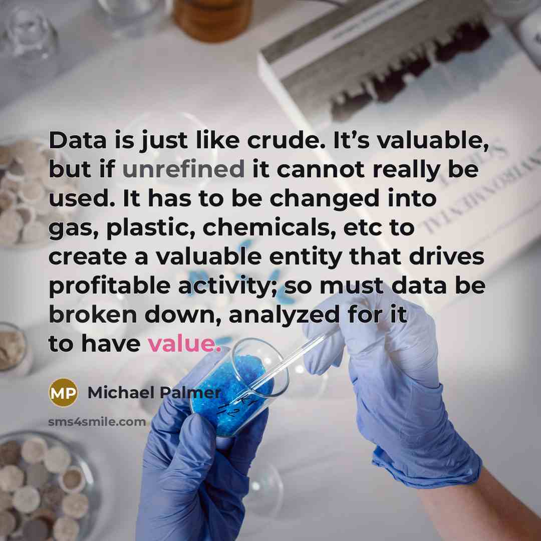 “Data is just like crude. It’s valuable, but if unrefined it cannot really be used. It has to be changed into gas, plastic, chemicals, etc to create a valuable entity that drives profitable activity; so must data be broken down, analyzed for it to have value.” quote by Michael Palmer