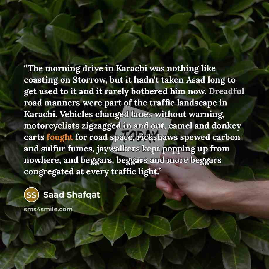 “The morning drive in Karachi was nothing like coasting on Storrow, but it hadn't taken Asad long to get used to it and it rarely bothered him now. Dreadful road manners were part of the traffic landscape in Karachi. Vehicles changed lanes without warning, motorcyclists zigzagged in and out, camel…” quote by Saad Shafqat
