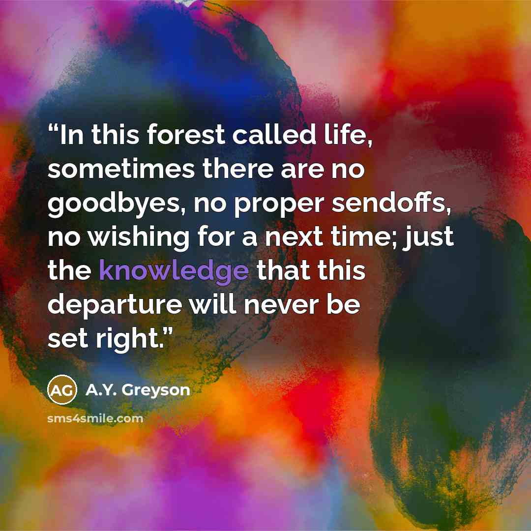 “In this forest called life, sometimes there are no goodbyes, no proper sendoffs, no wishing for a next time; just the knowledge that this departure will never be set right.” quote by A.Y. Greyson