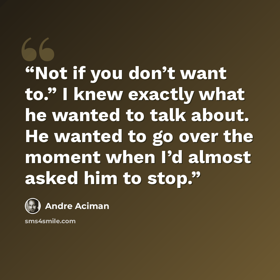 “Not if you don’t want to.” I knew exactly what he wanted to talk about. He wanted to go over the moment when I’d almost asked him to stop.” quote by André Aciman