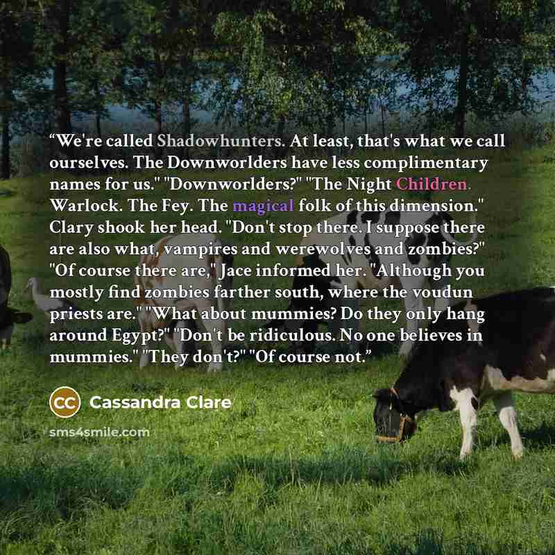 “We're called Shadowhunters. At least, that's what we call ourselves. The Downworlders have less complimentary names for us." "Downworlders?" "The Night Children. Warlock. The Fey. The magical folk of this dimension." Clary shook her head. "Don't stop there. I suppose there are also what, vampires…” quote by Cassandra Clare