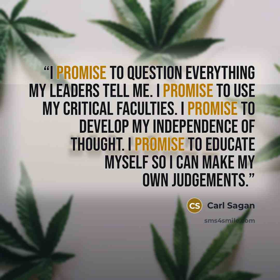 “I promise to question everything my leaders tell me. I promise to use my critical faculties. I promise to develop my independence of thought. I promise to educate myself so I can make my own judgements.” quote by Carl Sagan