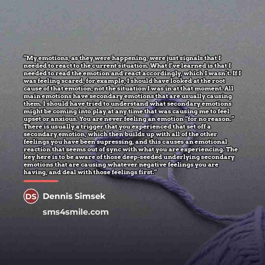 “My emotions, as they were happening, were just signals that I needed to react to the current situation. What I’ve learned is that I needed to read the emotion and react accordingly, which I wasn’t. If I was feeling scared, for example, I should have looked at the root cause of that emotion, not…” quote by Dennis Simsek