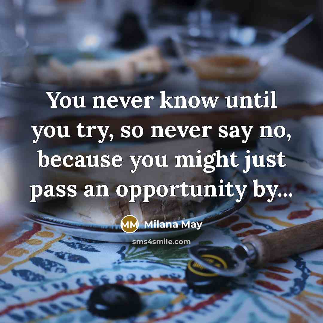 “You never know until you try, so never say no, because you might just pass an opportunity by...” quote by Milana May
