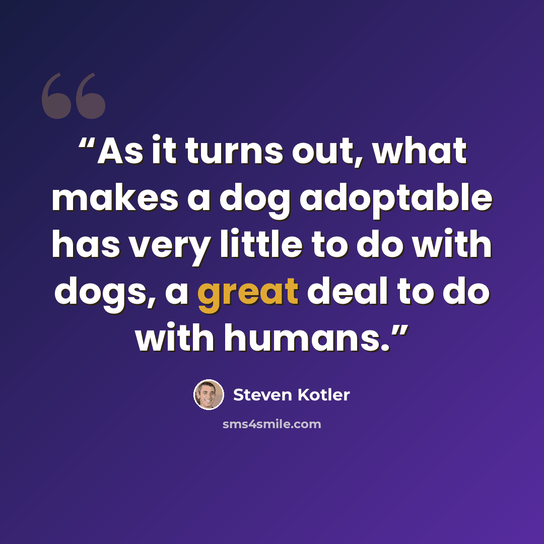 “As it turns out, what makes a dog adoptable has very little to do with dogs, a great deal to do with humans.” quote by Steven Kotler