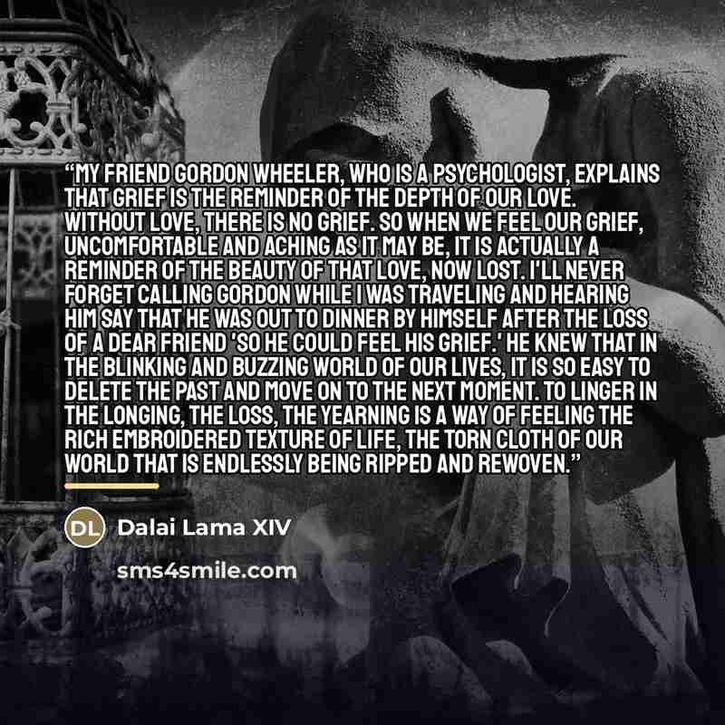 “My friend Gordon Wheeler, who is a psychologist, explains that grief is the reminder of the depth of our love. Without love, there is no grief. So when we feel our grief, uncomfortable and aching as it may be, it is actually a reminder of the beauty of that love, now lost. I'll never forget…” quote by Dalai Lama XIV