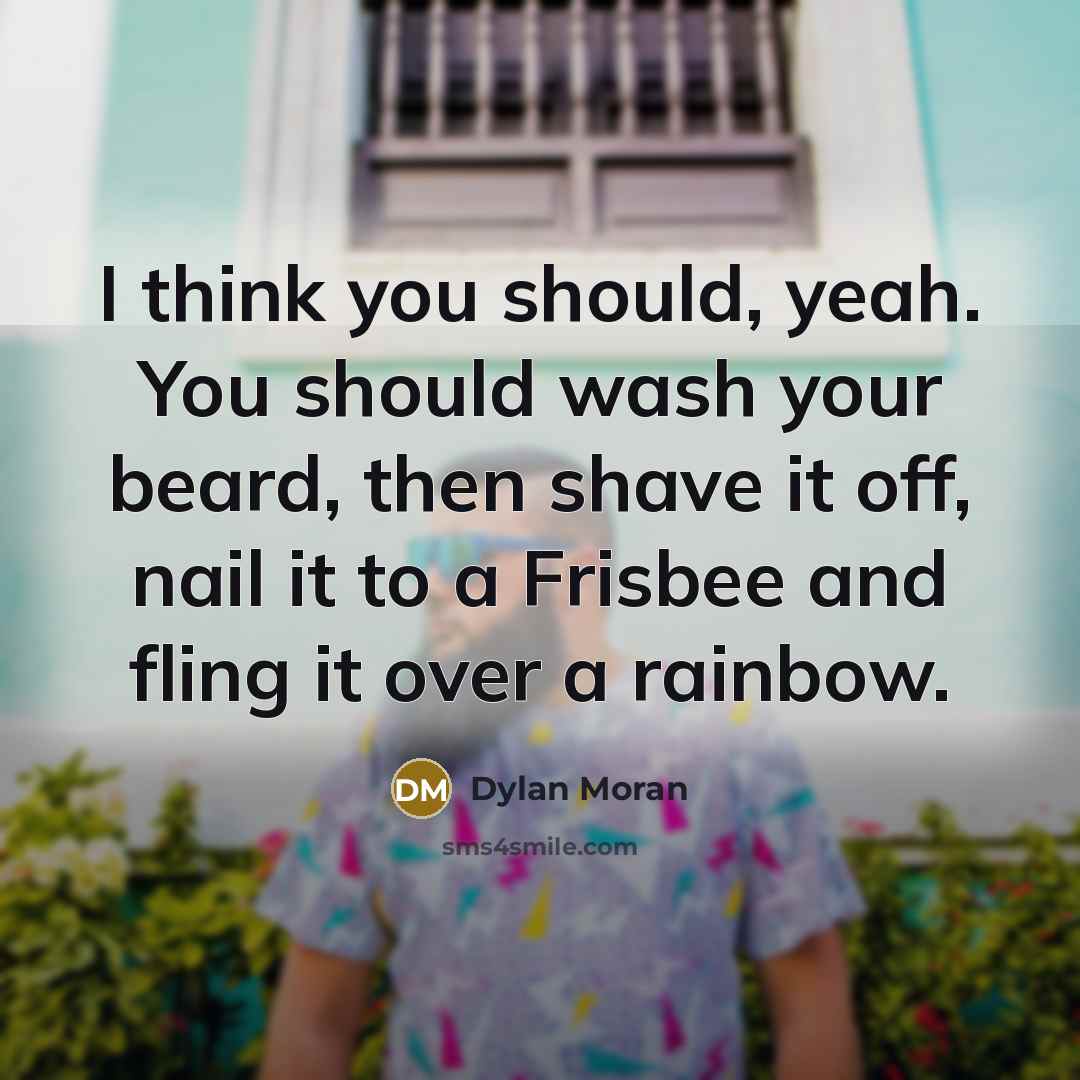 “I think you should, yeah. You should wash your beard, then shave it off, nail it to a Frisbee and fling it over a rainbow.” quote by Dylan Moran